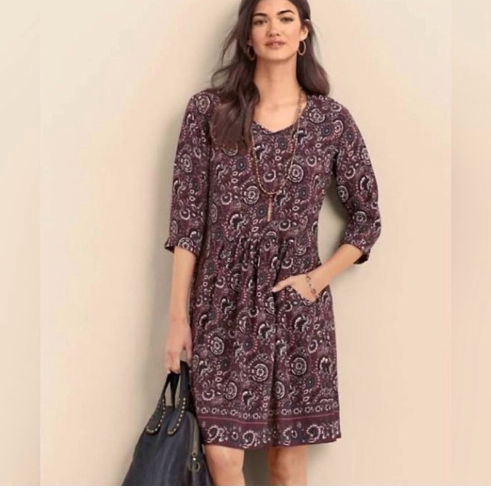 Garnet Hill Size 6 Dress Floral Mini Boho V-Neck Purple Paisley Shift Peasant